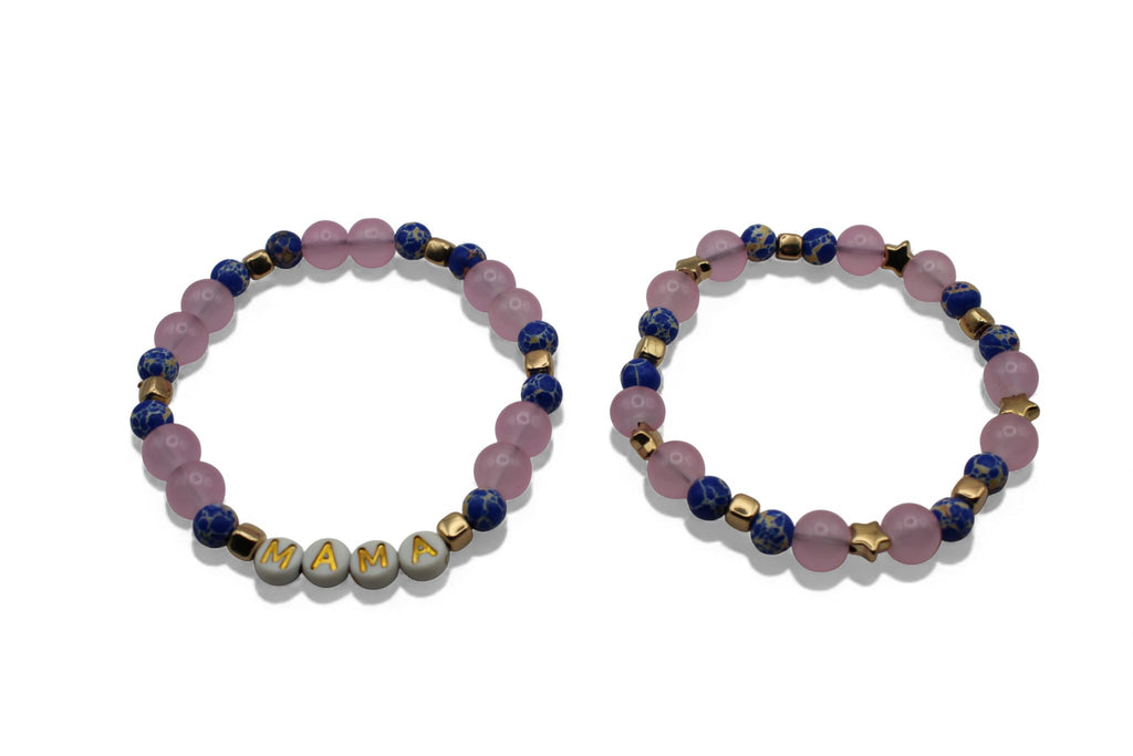 Mama & Dochter Armband Set – Roze & Blauwe Kralen met Gouden Accenten | MAMA Armband + Kinderarmband | Matching Sieraden