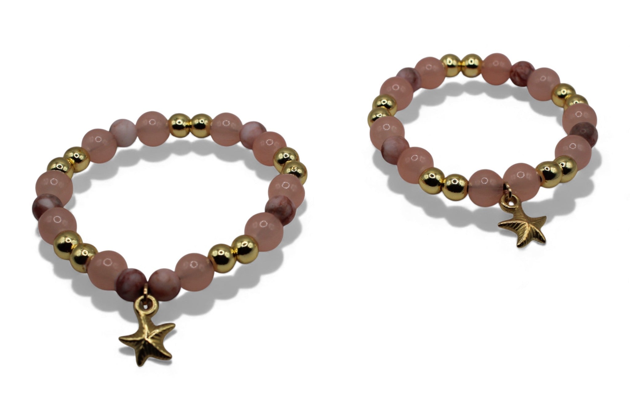 Mama & Dochter Armband Set – Roze Natuursteen met Gouden Kralen & Ster Bedel | Matching Armbanden | Cadeau voor Moeder en Dochter
