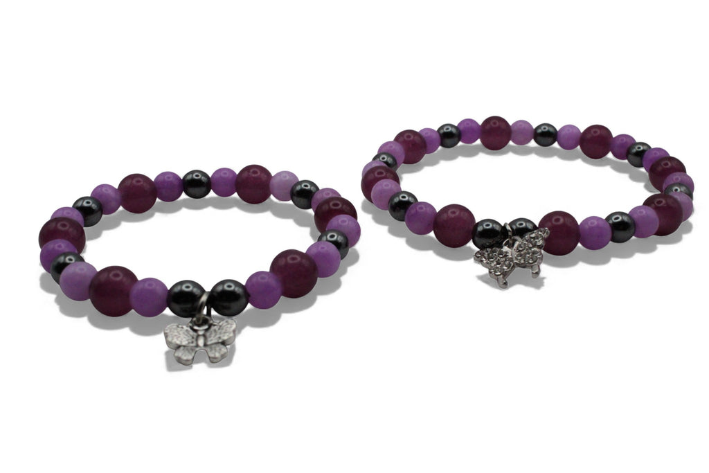 Mama & Kind Armband Set – Paarse Kralen met Zilveren Vlinder Bedel | Matching Armbanden | Moeder Dochter Sieraden