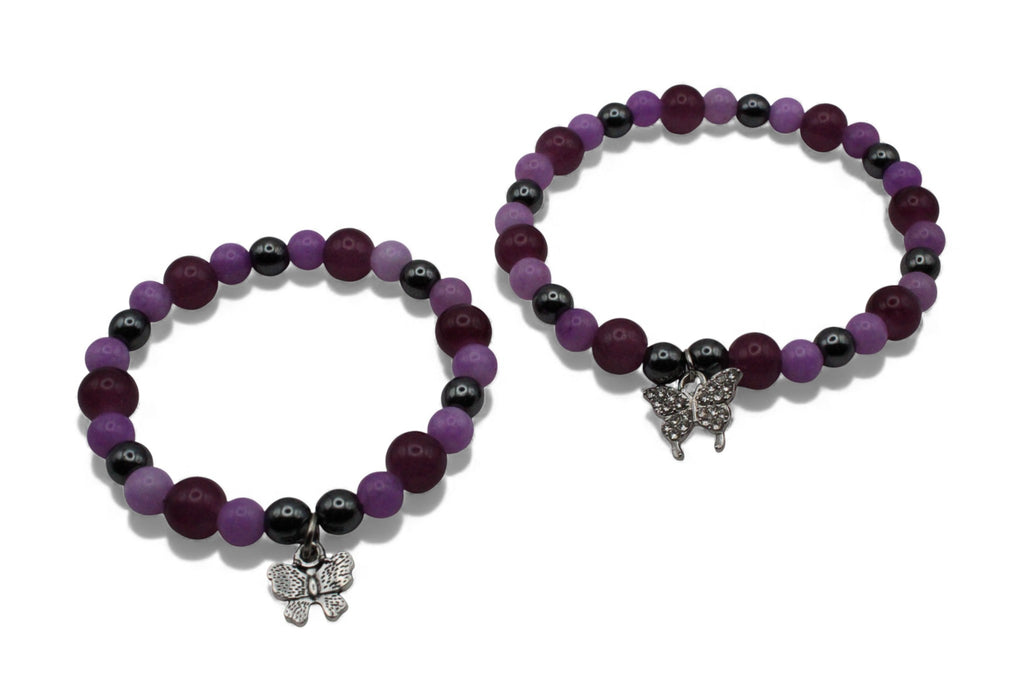 Mama & Kind Armband Set – Paarse Kralen met Zilveren Vlinder Bedel | Matching Armbanden | Moeder Dochter Sieraden