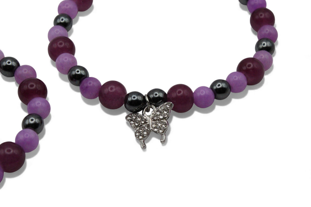 Mama & Kind Armband Set – Paarse Kralen met Zilveren Vlinder Bedel | Matching Armbanden | Moeder Dochter Sieraden