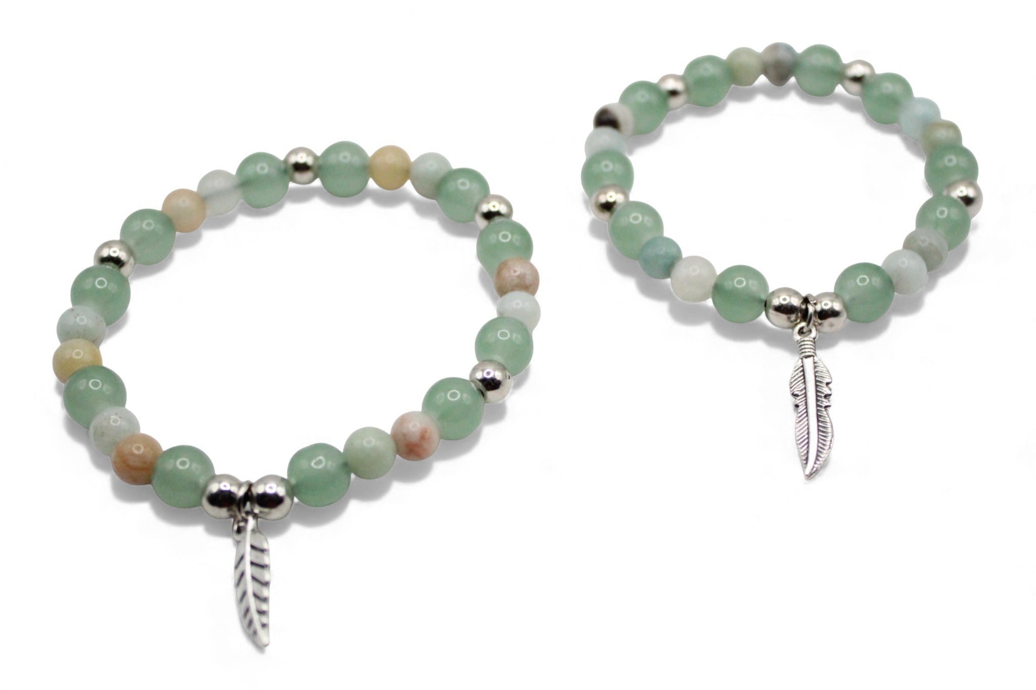 Mama & Kind Armband Set – Groene Natuursteen Look met Zilveren Veer Bedel | Matching Moeder Dochter Armbanden | Cadeau Set