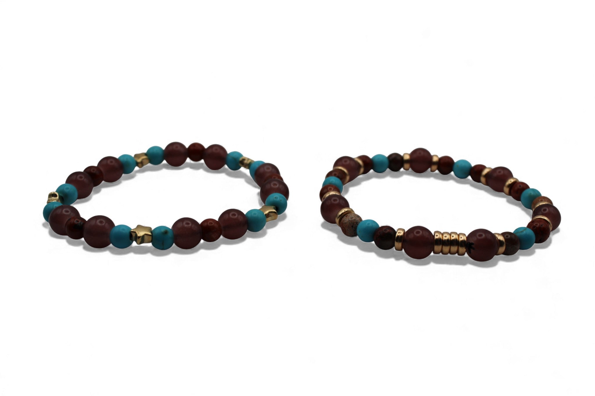 Duo Armband Set – Turquoise & Bordeaux Kralen met Goudkleurige Accenten | Matching Armbanden | Unisex Sieraden