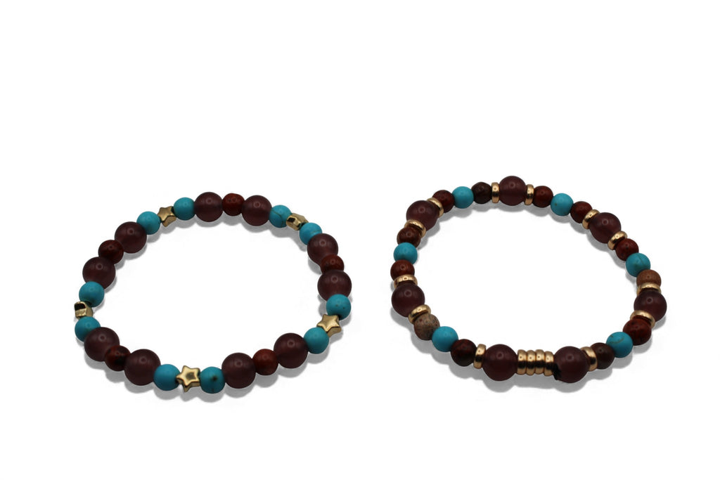Duo Armband Set – Turquoise & Bordeaux Kralen met Goudkleurige Accenten | Matching Armbanden | Unisex Sieraden
