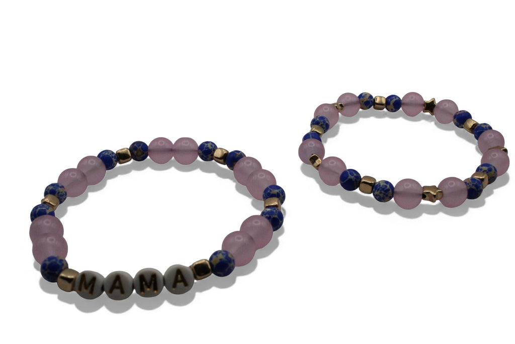 Mama & Dochter Armband Set – Roze & Blauwe Kralen met Gouden Accenten | MAMA Armband + Kinderarmband | Matching Sieraden