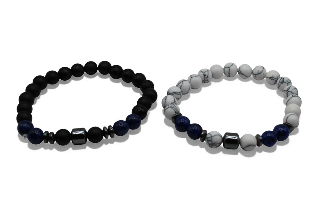 Matchende Duo Armbanden – Heren & Dames | Zwart en White Marble | Set Vriendschapsarmbanden met Blauwe Natuursteen