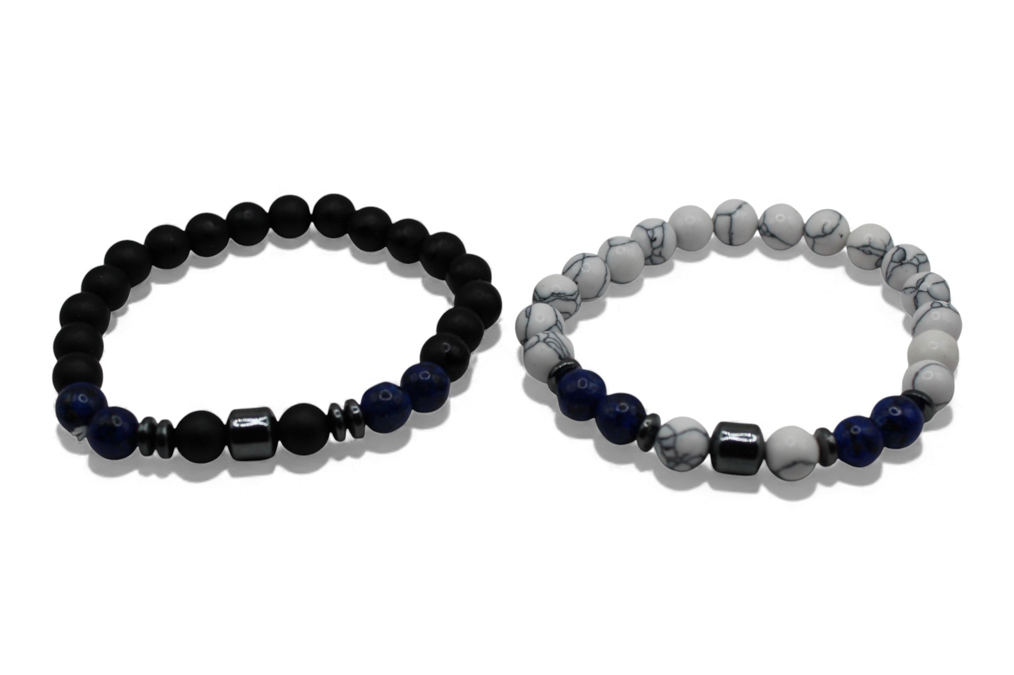Matchende Duo Armbanden – Heren & Dames | Zwart en White Marble | Set Vriendschapsarmbanden met Blauwe Natuursteen