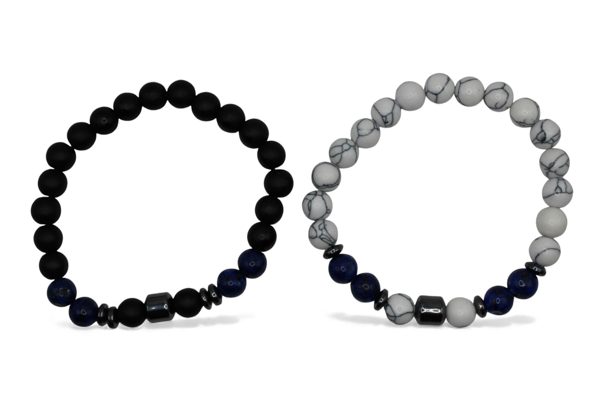 Matchende Duo Armbanden – Heren & Dames | Zwart en White Marble | Set Vriendschapsarmbanden met Blauwe Natuursteen