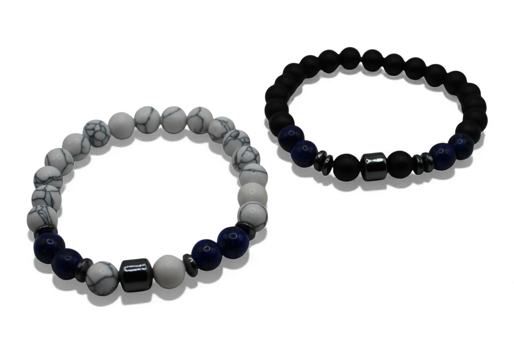 Matchende Duo Armbanden – Heren & Dames | Zwart en White Marble | Set Vriendschapsarmbanden met Blauwe Natuursteen