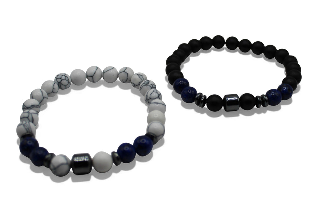 Matchende Duo Armbanden – Heren & Dames | Zwart en White Marble | Set Vriendschapsarmbanden met Blauwe Natuursteen