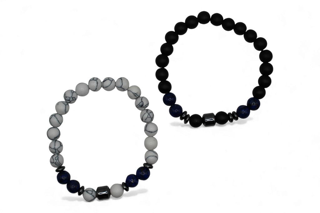Matchende Duo Armbanden – Heren & Dames | Zwart en White Marble | Set Vriendschapsarmbanden met Blauwe Natuursteen