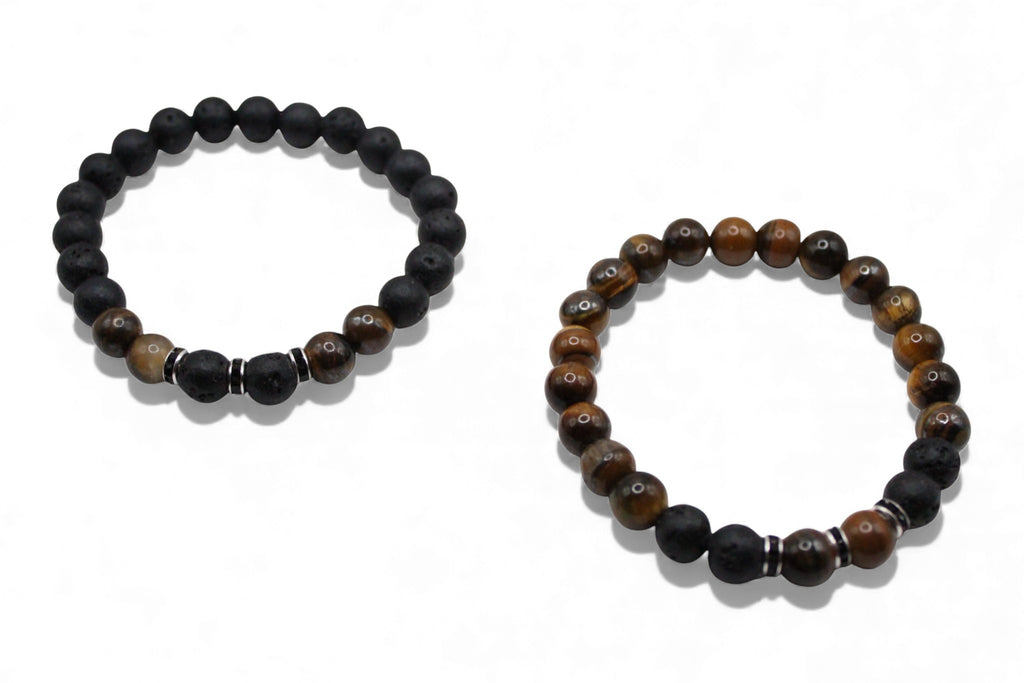 Matchende Duo Armbanden – Lava Steen & Tijgeroog | Heren & Dames | Set Koppel- en Vriendschapsarmbanden