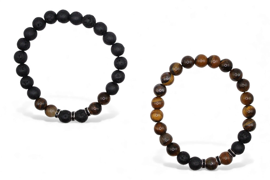 Matchende Duo Armbanden – Lavasteen & Bruin Tiger Eye Look | Koppel- & Vriendschapsarmbanden | Unisex Armband Set