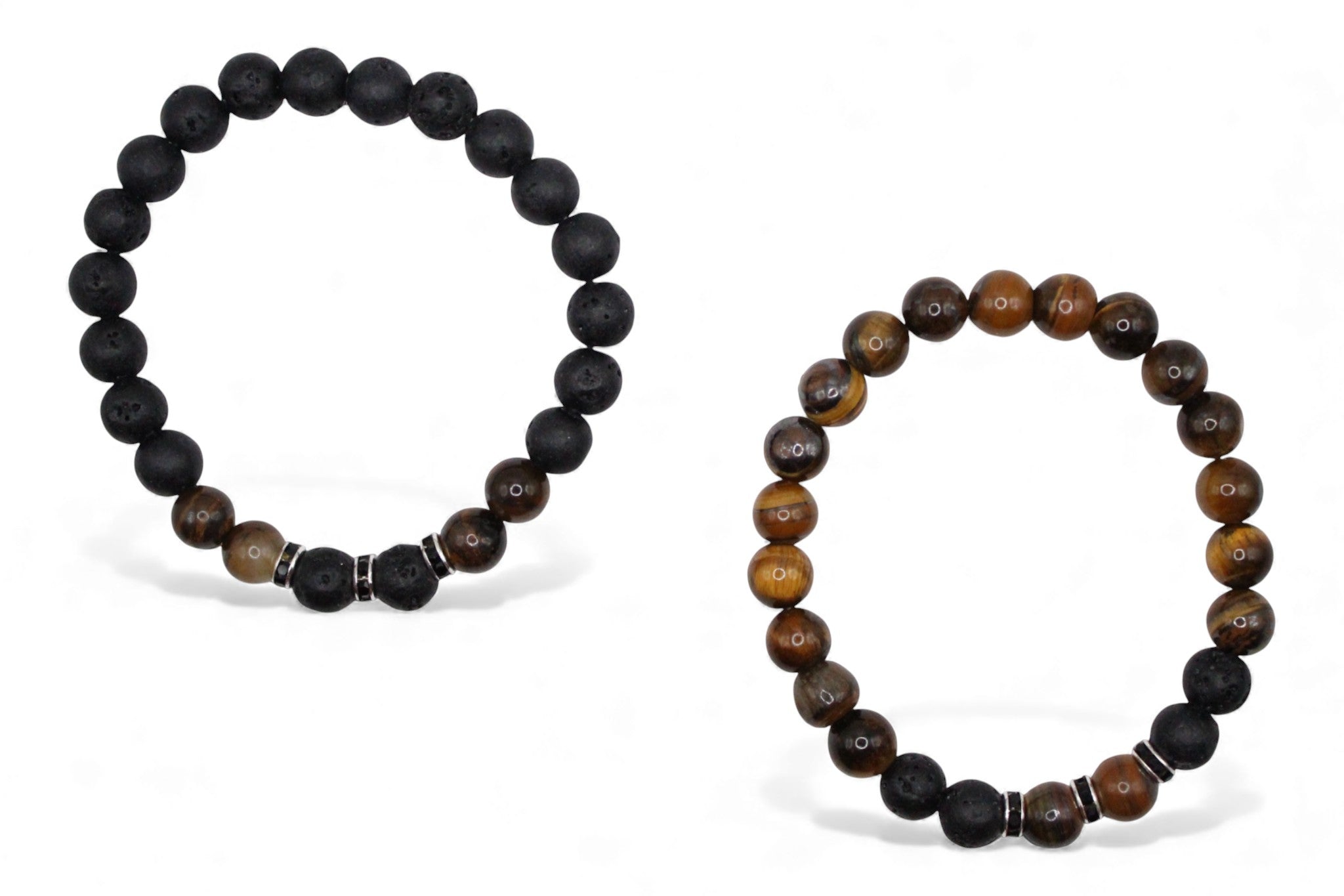 Matchende Duo Armbanden – Lavasteen & Bruin Tiger Eye Look | Koppel- & Vriendschapsarmbanden | Unisex Armband Set