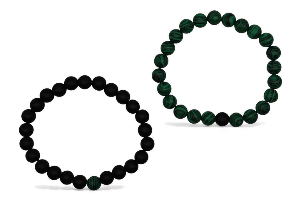 Matchende Duo Armbanden – Matte Zwarte Kralen & Groen Marmer Look | Koppel- & Vriendschapsarmbanden | Unisex Set